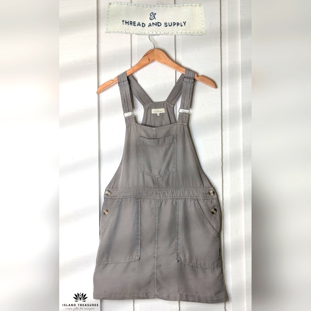 Thread & Supply Slate Green Overall Mini Dress Sz Small Silver Buckles 5 Pockets